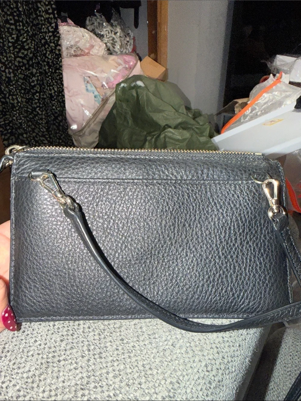 kate spade Black Pebbled Leather Crossbody Wallet with Gold Hardware